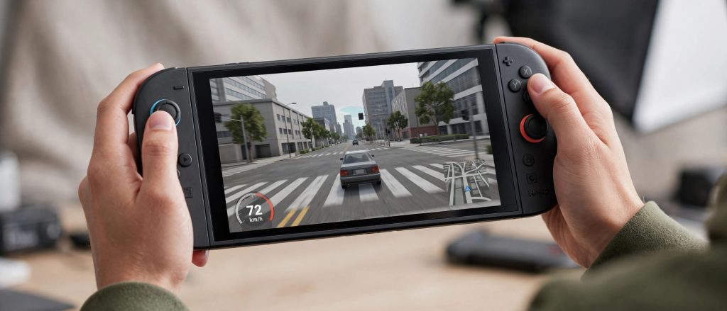 Personne tenant une Nintendo Switch 2 affichant un jeu de conduite en monde ouvert sur son écran.