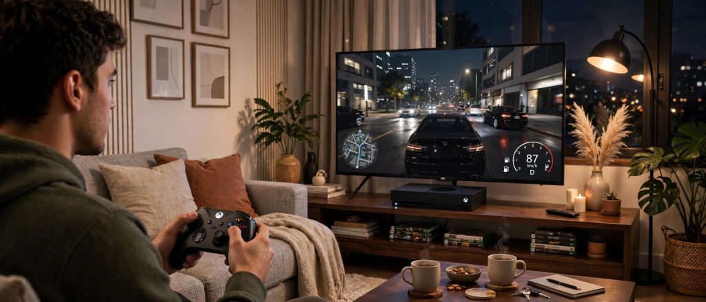 Salon moderne avec une Xbox Series X installée sous un téléviseur et un joueur tenant une manette.