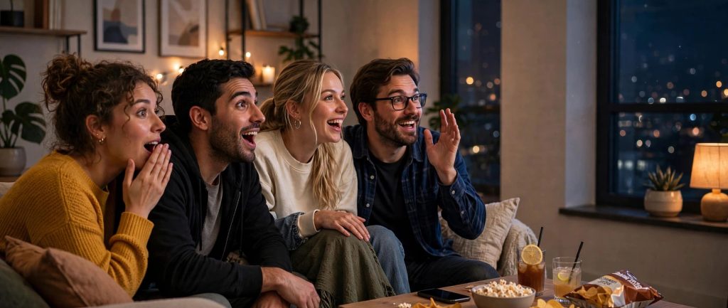 Groupe de joueurs découvrant ensemble une annonce de jeu vidéo devant un grand téléviseur dans un salon.