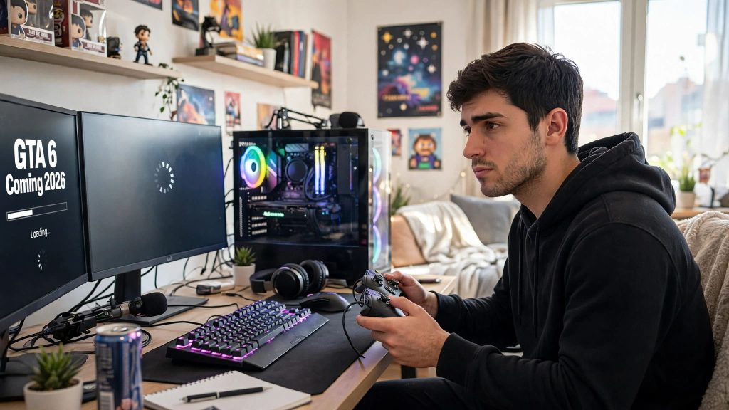 Joueur assis dans son salon tenant une manette de jeu et regardant un écran.