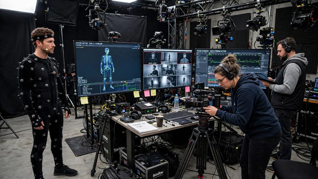 Acteur en combinaison de motion capture dans un studio de développement de jeu vidéo.