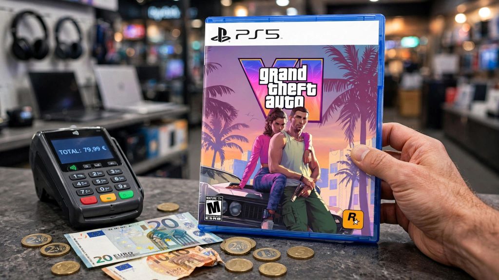 Boîtier de jeu PlayStation 5 à côté de billets en euros dans un magasin.