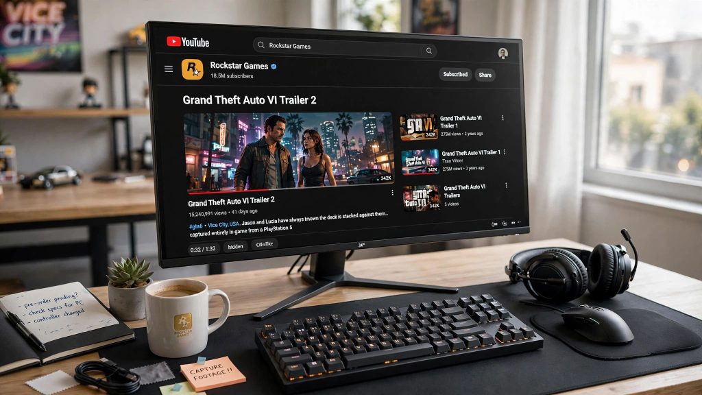 Bureau avec écran affichant la chaîne officielle Rockstar Games sur YouTube.