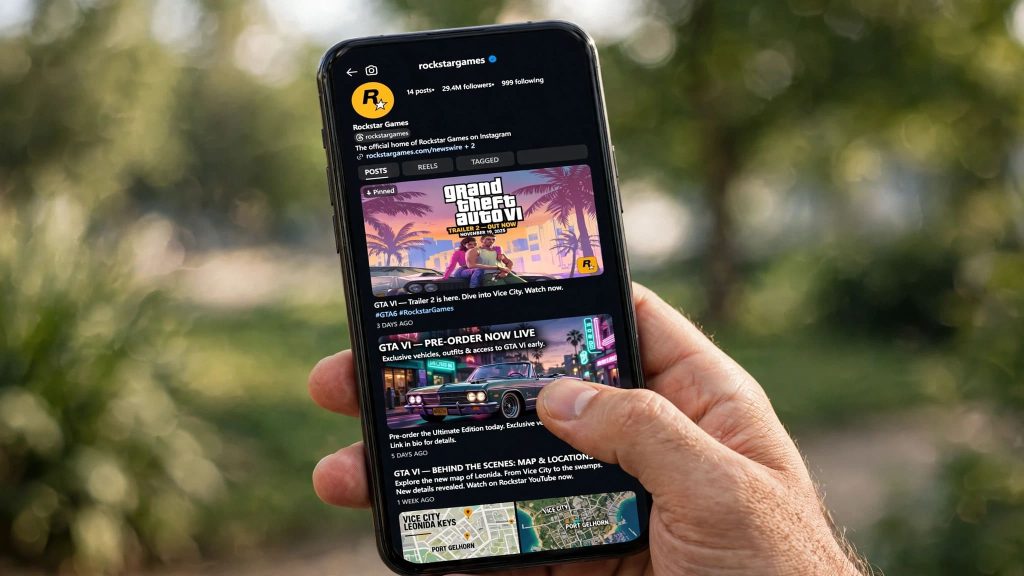 Smartphone consultant les publications officielles de Rockstar Games.