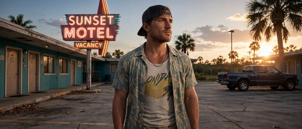 Jeune homme inspiré de Jason devant un motel sous la lumière du coucher de soleil.