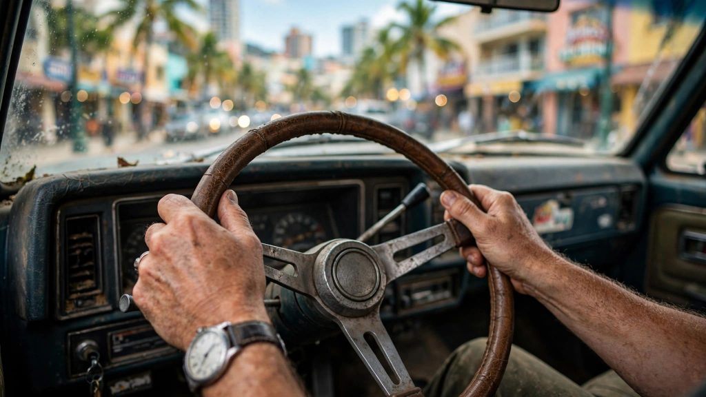 Vue depuis l'intérieur d'un pick-up avec les mains du conducteur sur le volant face à une ville tropicale.