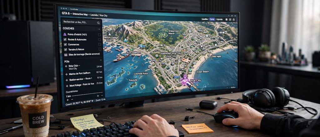Écran d'ordinateur affichant une carte interactive de GTA 6 manipulée avec une souris.