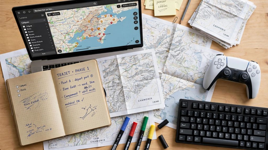 Bureau avec cartes, ordinateur portable et accessoires utilisés pour explorer la carte de GTA 6.