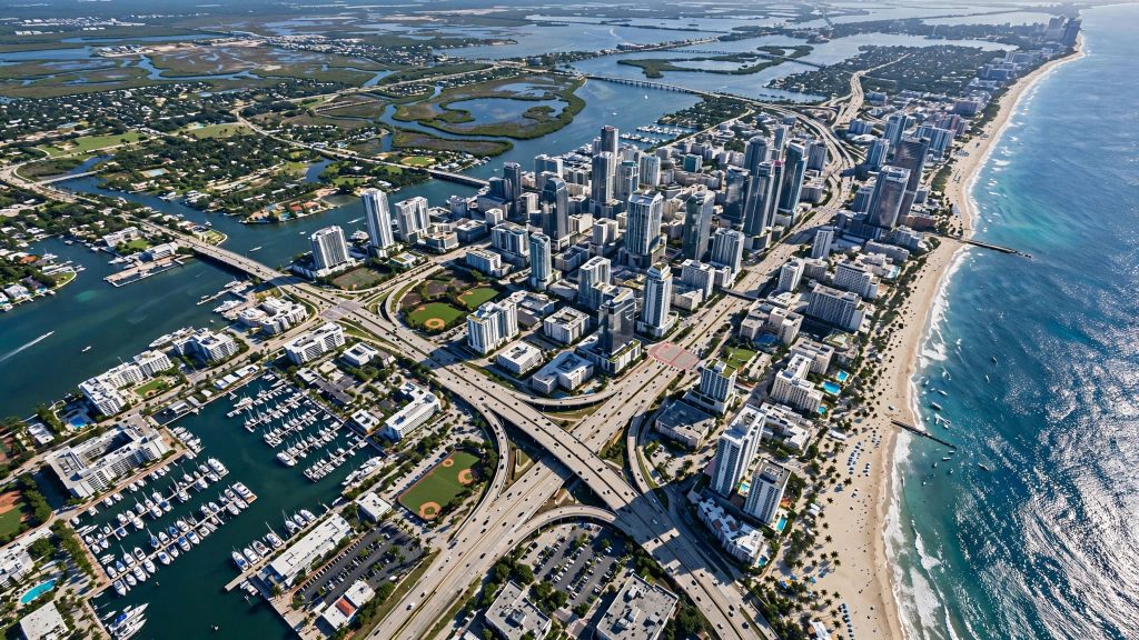 Vue aérienne d'une métropole côtière inspirée de Vice City et de la Floride.