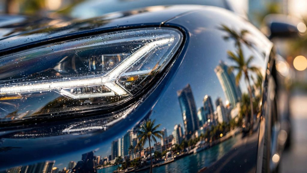 Gros plan sur le phare d'une voiture de sport avec les reflets d'une ville tropicale.