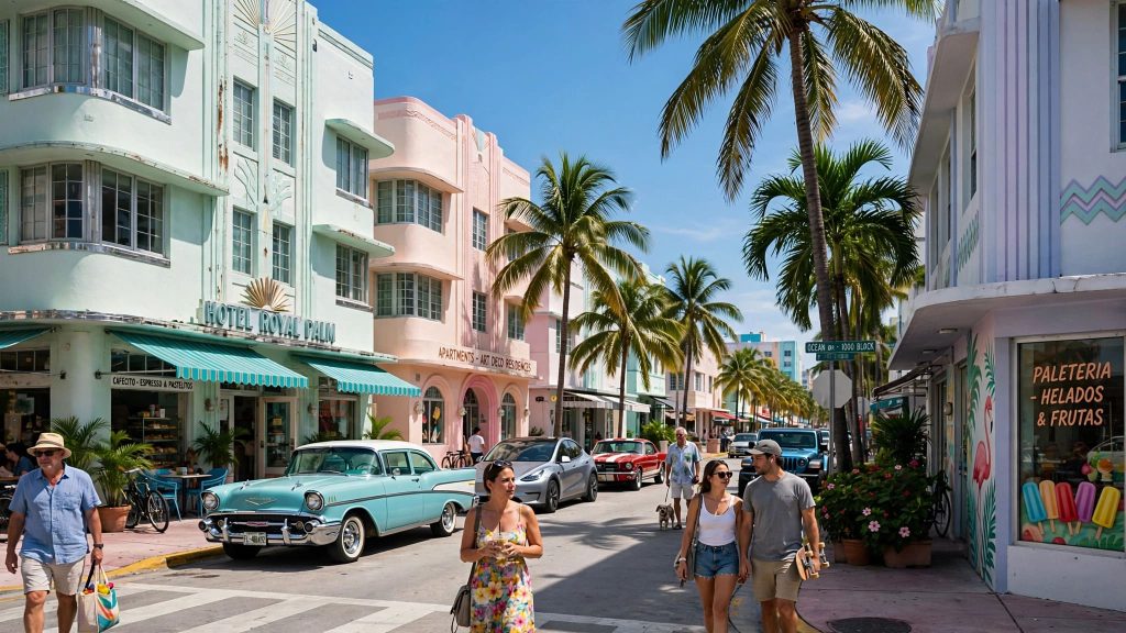 Rue colorée bordée de palmiers dans une ville inspirée de la Floride.