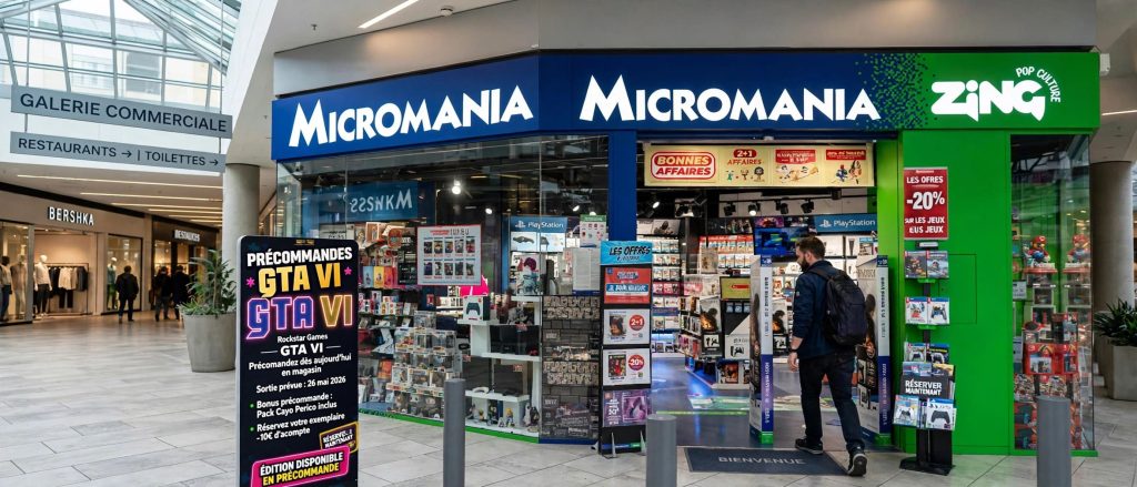 Devanture d'un magasin Micromania où un client entre pour précommander GTA 6.