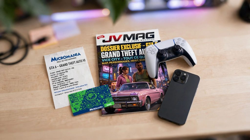 Reçu de précommande Micromania accompagné d'une manette PlayStation 5 et d'accessoires gaming.