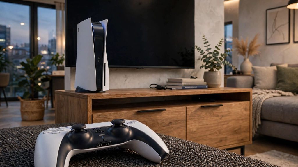 PlayStation 5 installée dans un salon moderne.
