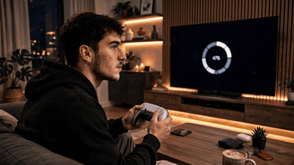 Joueur attendant la sortie de GTA 6 devant une PlayStation 5 dans un salon moderne.