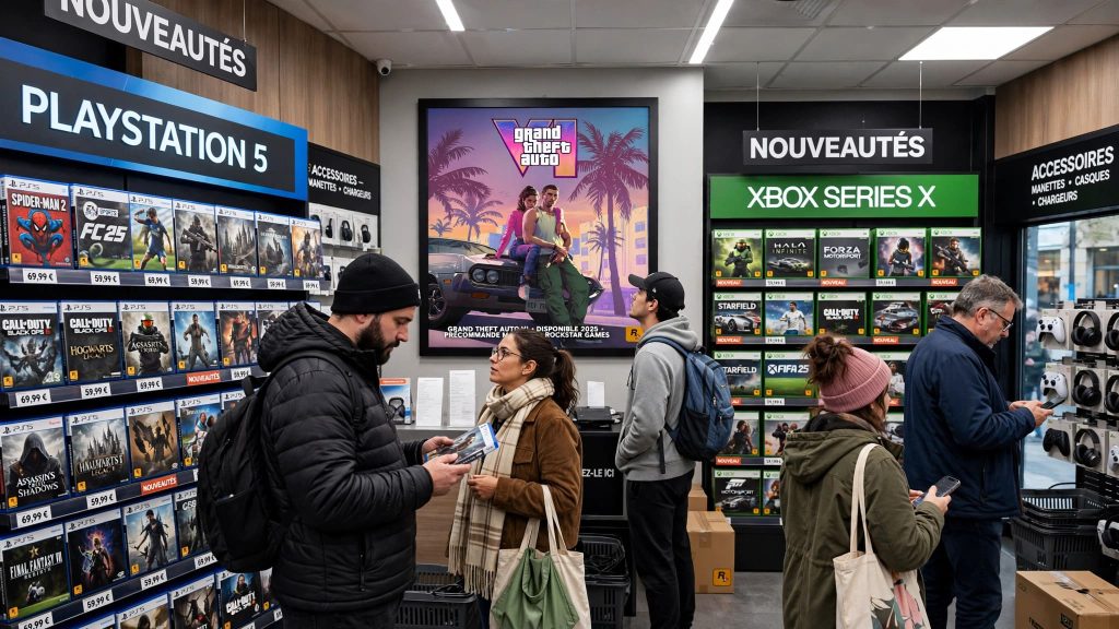 Rayon de magasin de jeux vidéo avec une affiche officielle de GTA 6 en arrière-plan.