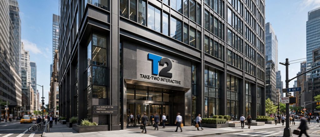 Siège de Take-Two Interactive avec le logo de l'entreprise à l'entrée.