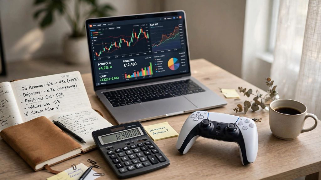 Bureau avec ordinateur affichant des données financières à côté d'une manette de jeu vidéo.