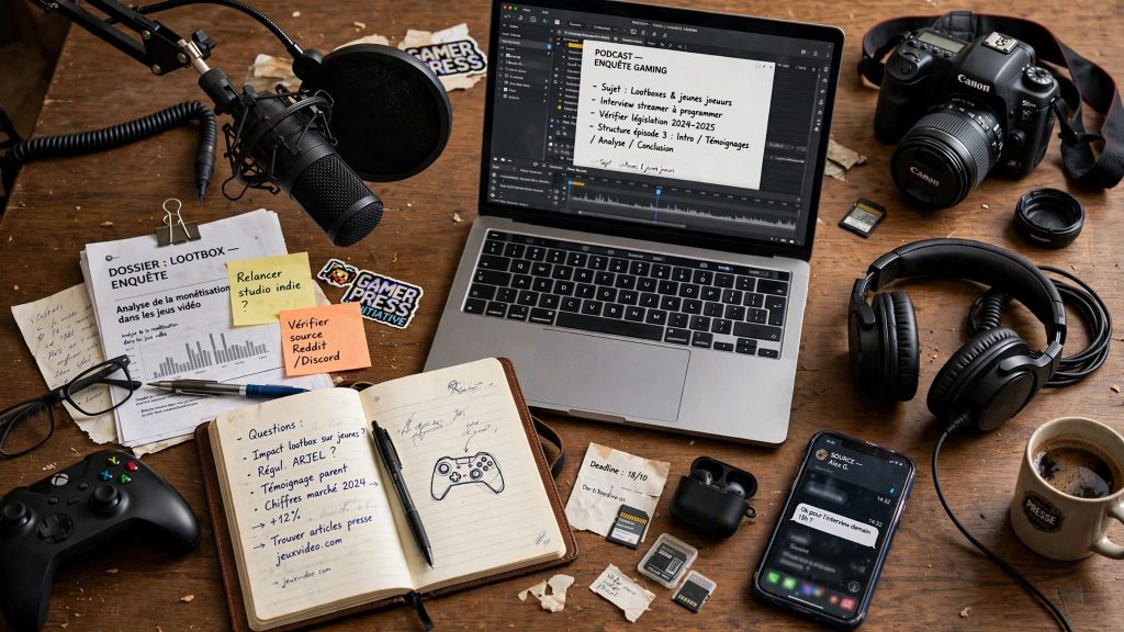 Bureau de journaliste avec ordinateur, micro, appareil photo et matériel d'enregistrement.