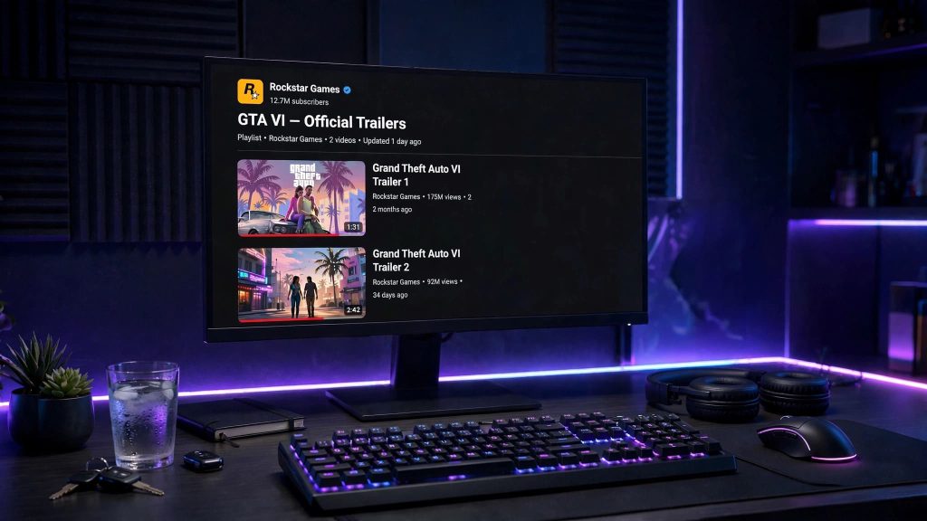 Écran affichant la playlist officielle des trailers de GTA 6 sur YouTube.