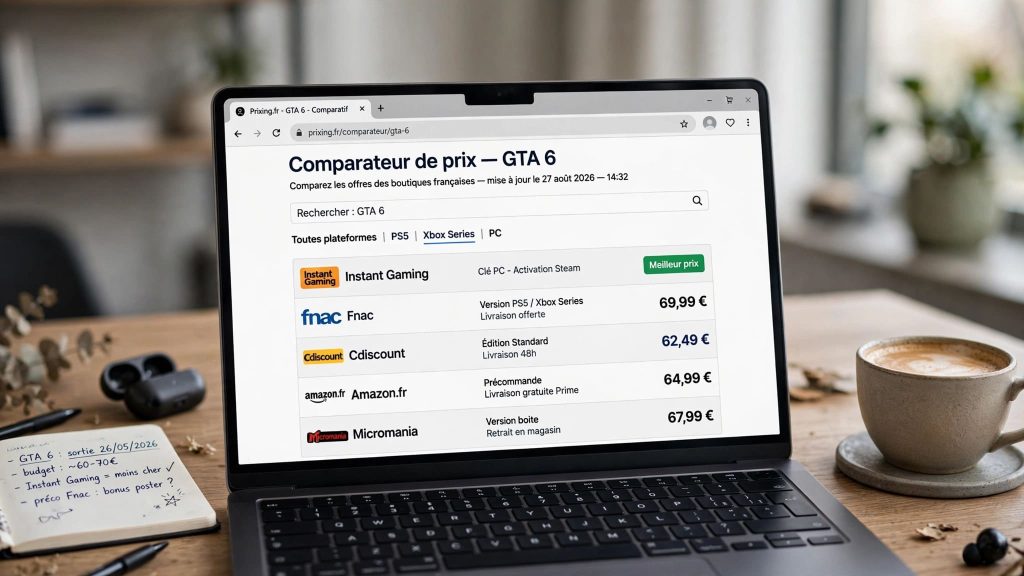Comparaison des prix de GTA 6 sur plusieurs boutiques en ligne affichées sur un ordinateur portable.