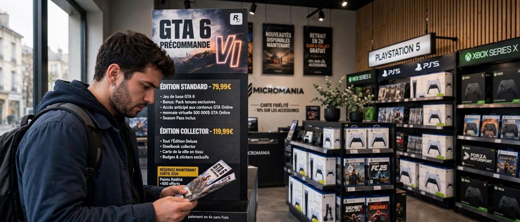 Client comparant les offres de précommande de GTA 6 dans un magasin de jeux vidéo avec les rayons PlayStation et Xbox.