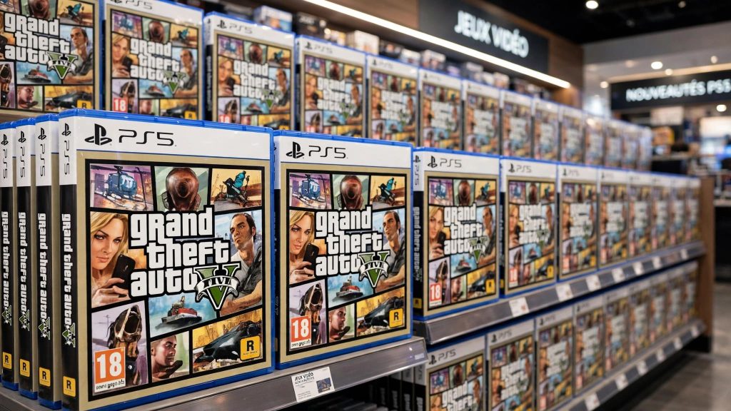 Boîtes de GTA 5 exposées dans un magasin de jeux vidéo illustrant les ventes du jeu.