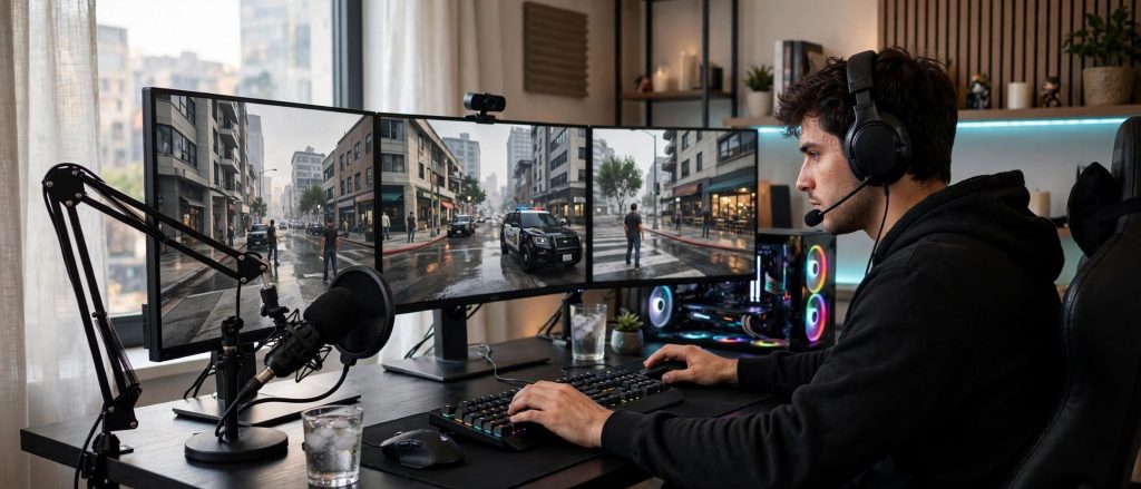 gamer devant son PC pendant sa session de jeu GTA RP