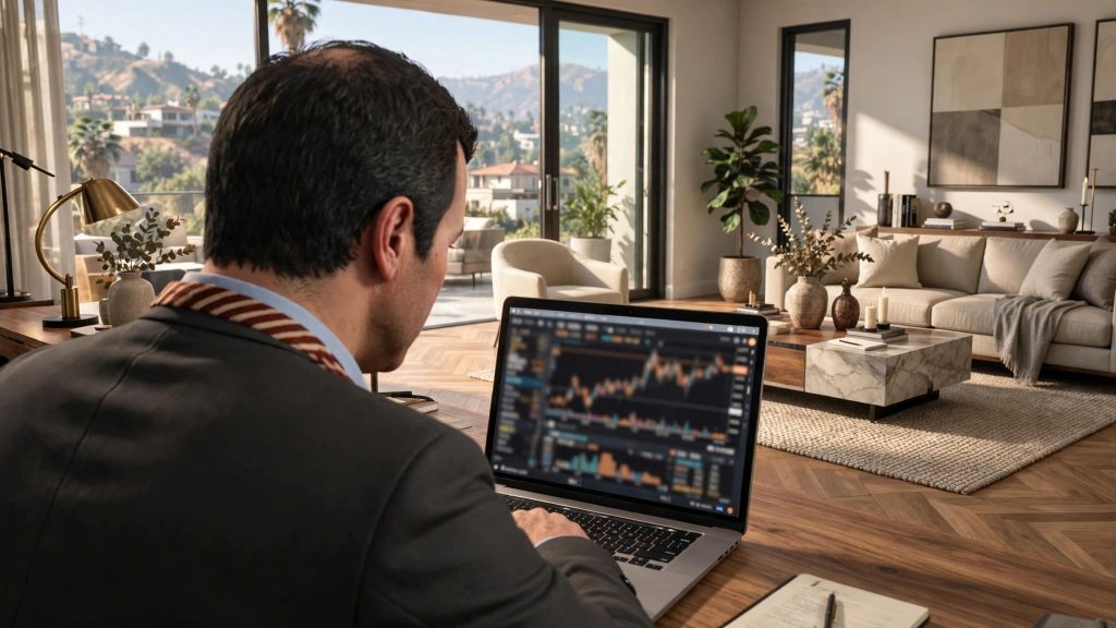 personnage dans GTA 5 devant son pc en vérifiant le marché de la bourse sur GTA 5