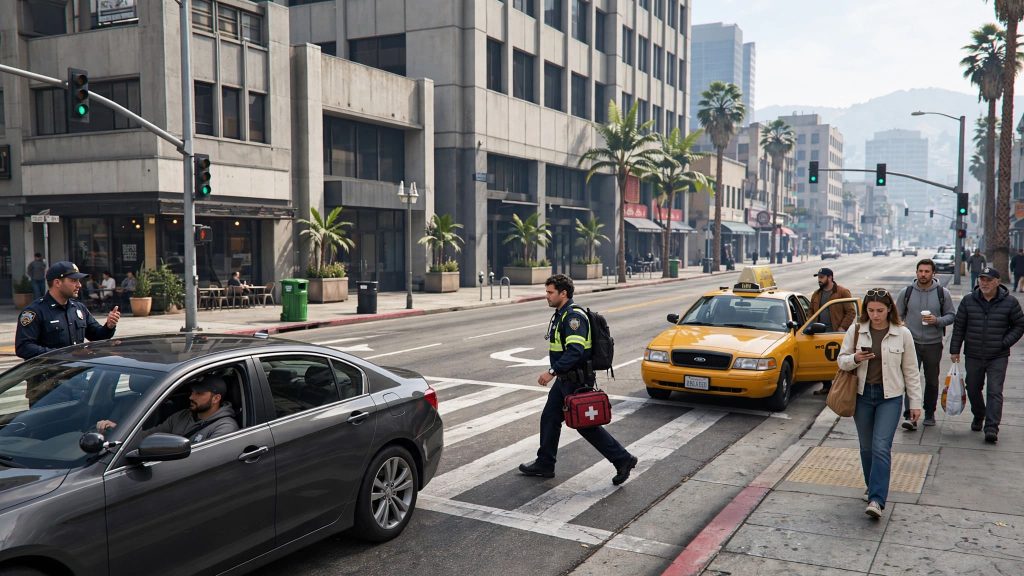 Rue de Los Santos avec policiers, ambulanciers et citoyens sur un serveur FiveM RP.