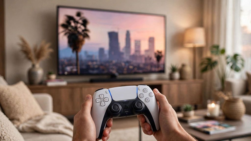 Joueur découvrant Grand Theft Auto V (GTA 5) sur une console PlayStation.