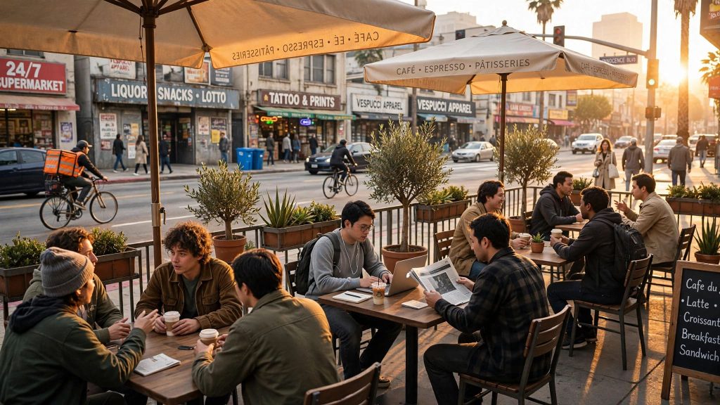 Habitants discutant à la terrasse d'un café dans une scène de vie quotidienne GTA RP.