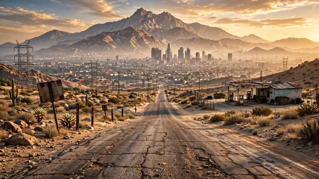 Panorama de Los Santos observé depuis les hauteurs des Vinewood Hills au coucher du soleil.
