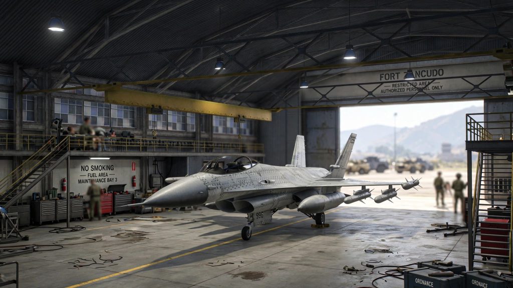 Avion de chasse stationné dans un hangar de la base militaire Fort Zancudo.