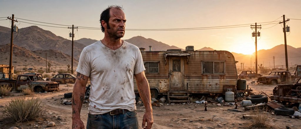 Trevor Philips devant sa caravane à Sandy Shores dans l'univers de Grand Theft Auto V (GTA 5).