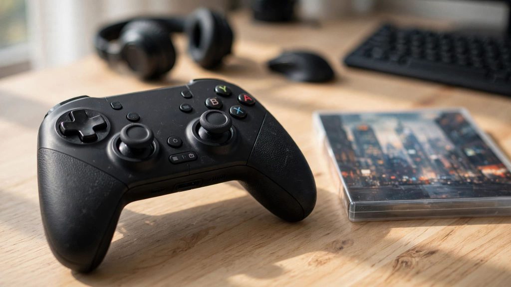 Manette de jeu posée à côté d'une copie de GTA 5 sur un bureau gaming.