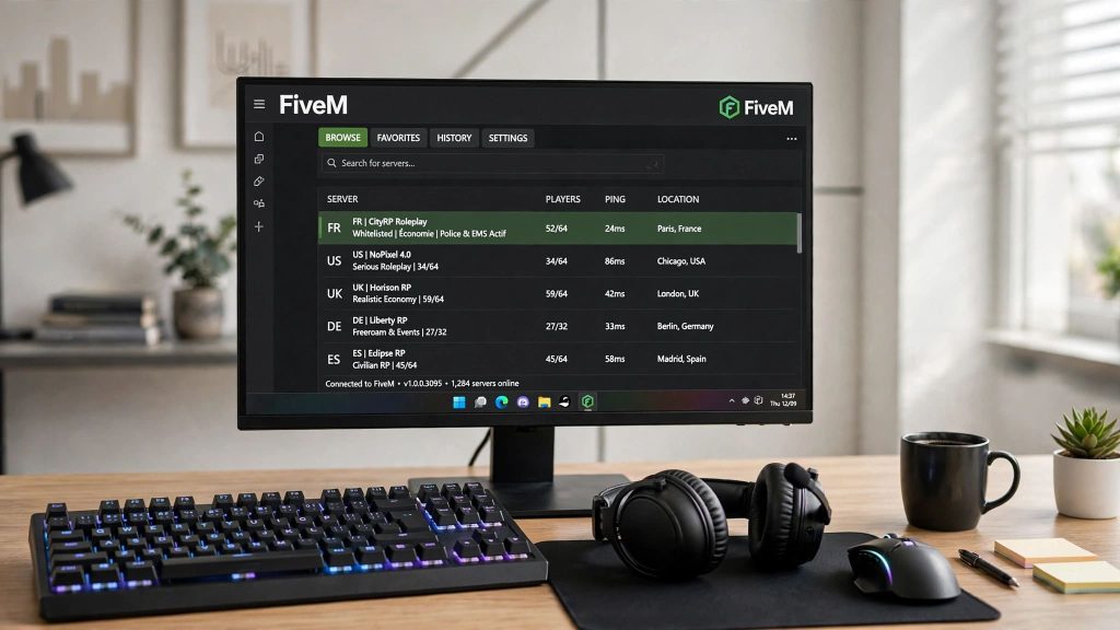Interface de recherche des serveurs FiveM pour Grand Theft Auto V.
